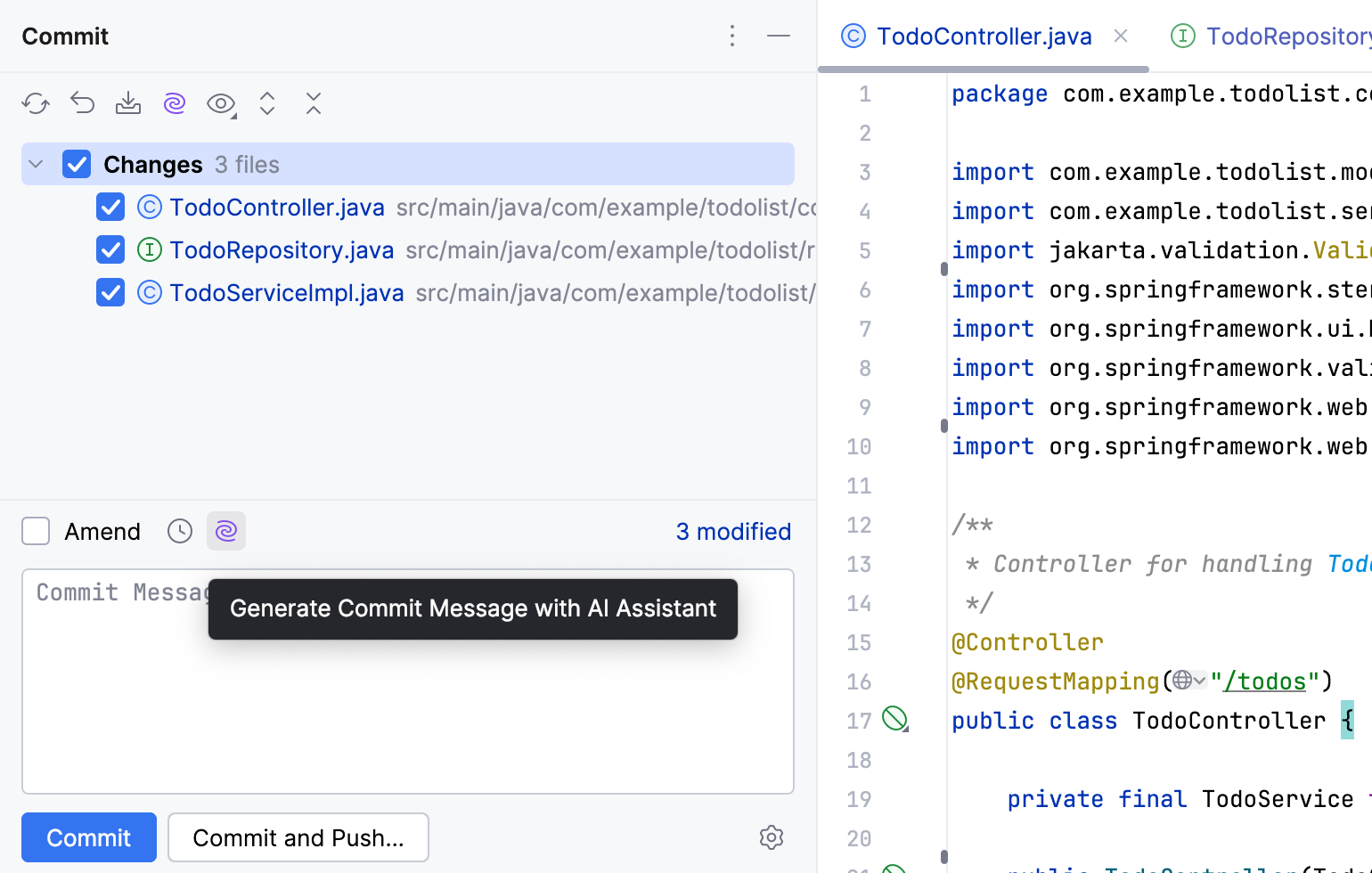 AI&nbsp;Assistant generates commit messages