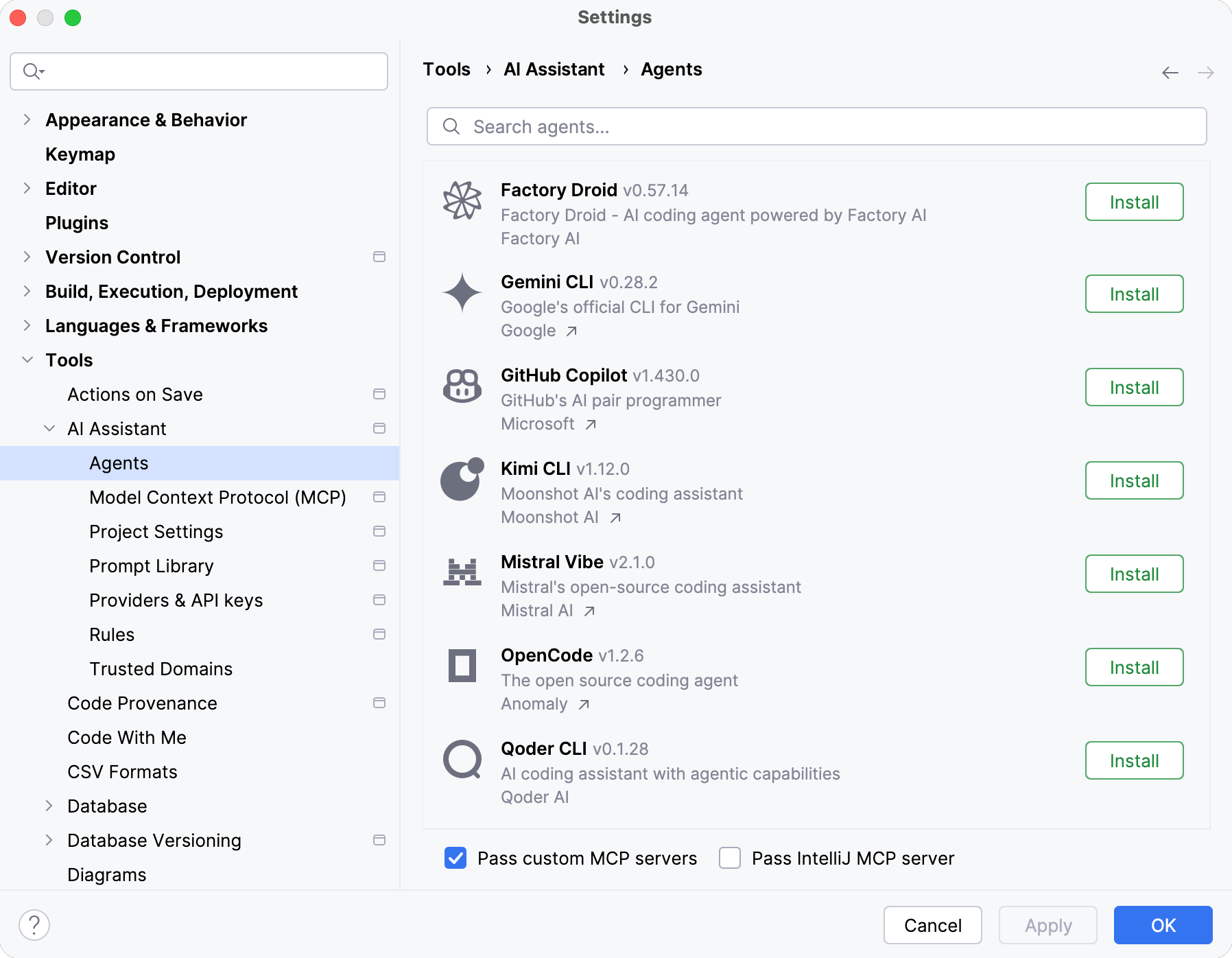 the Agents settings page