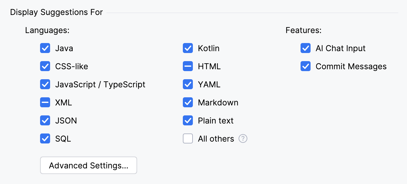 the Display Suggestions For section the Display Suggestions For section