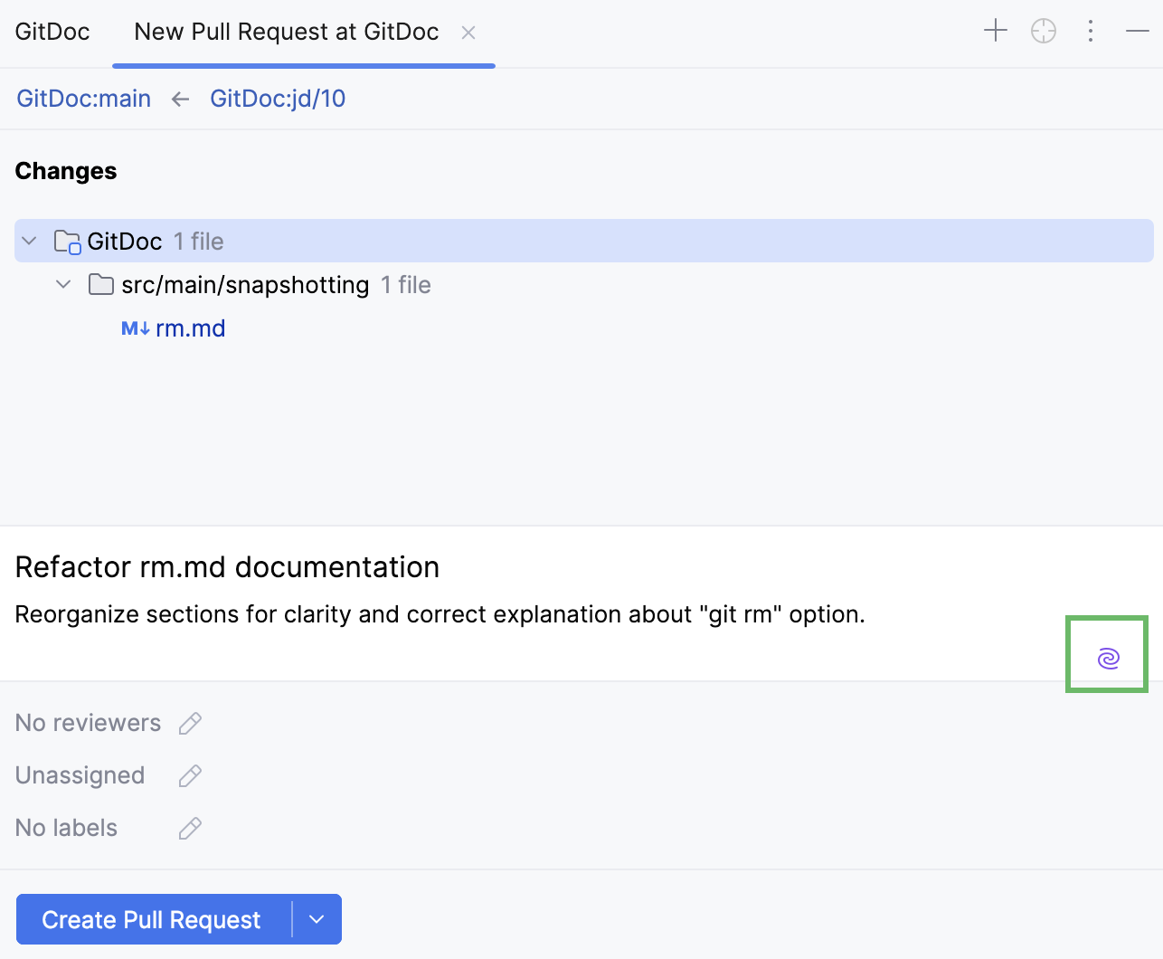 AI&nbsp;Assistant button in the PR description field