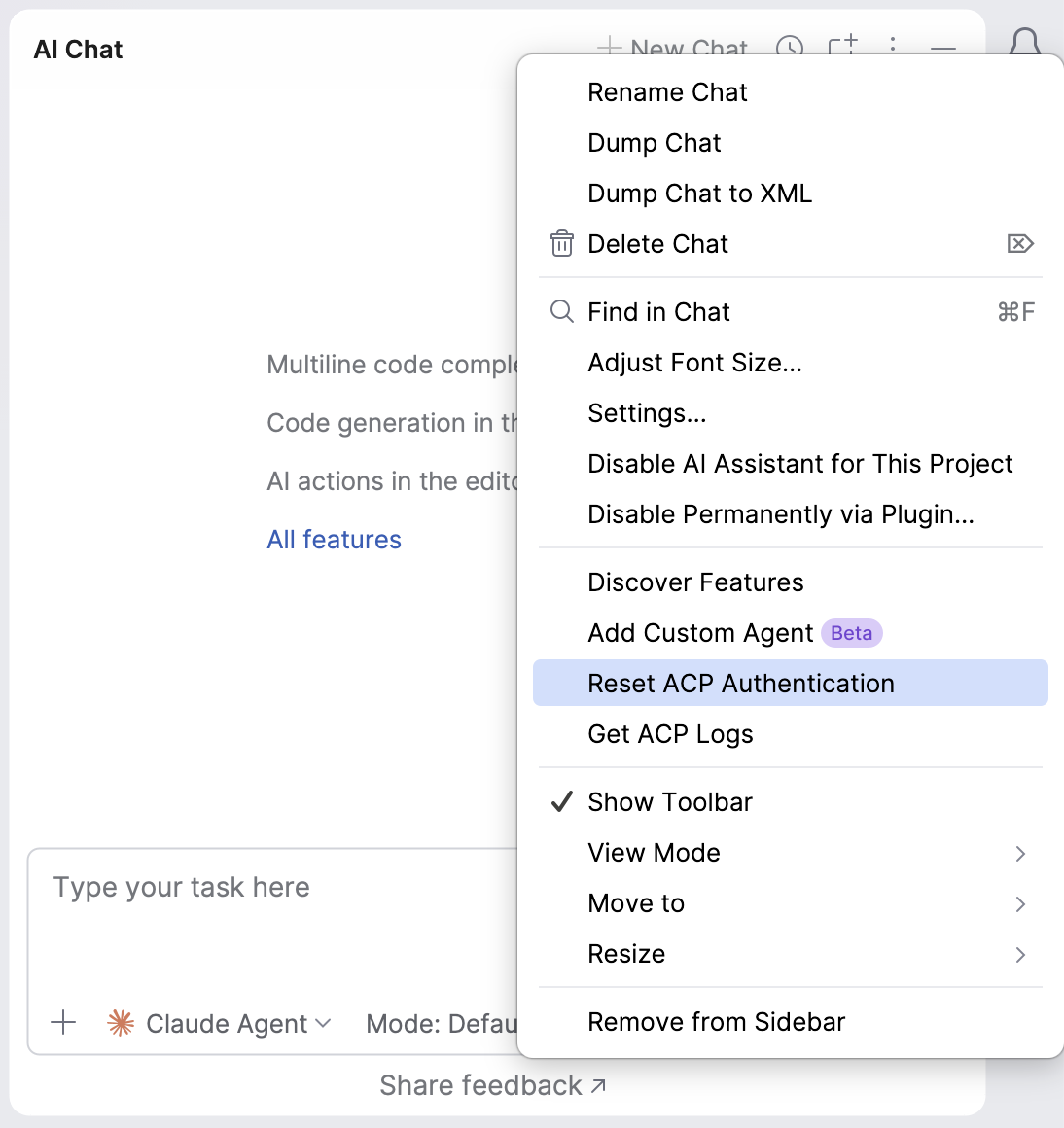 the Reset ACP Authentication option