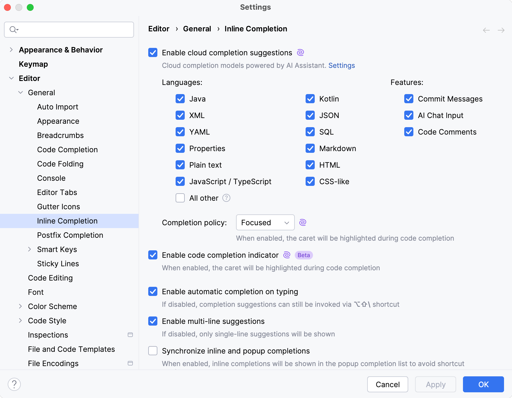 Code completion settings