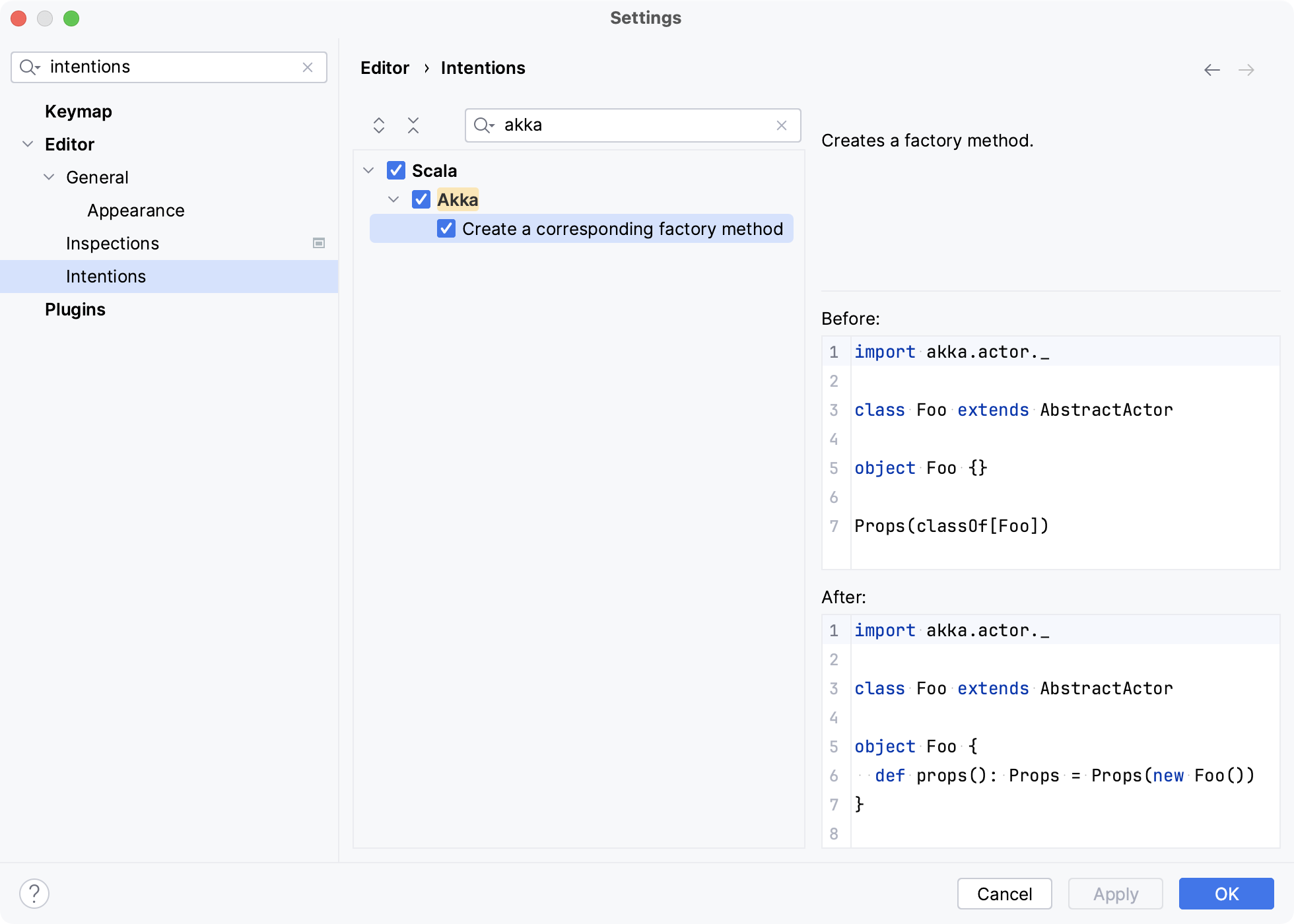 Akka intentions settings Akka intentions settings