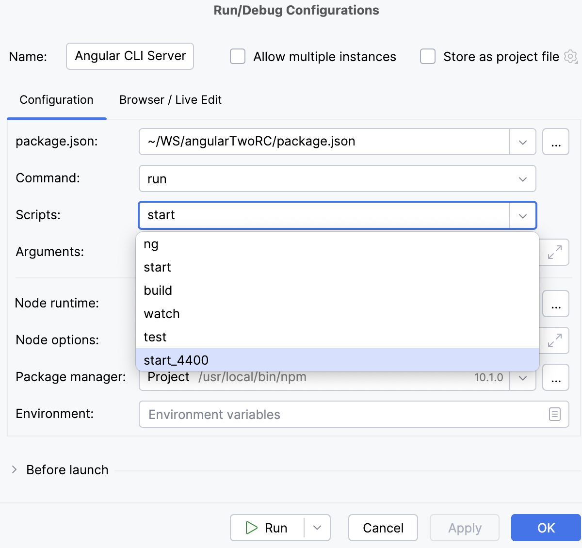 npm run/debug configuration