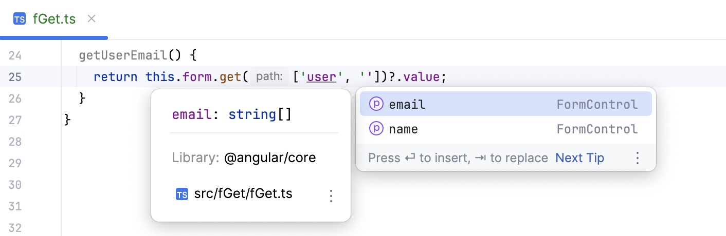 Completion and quick doc in FormGroup.get()