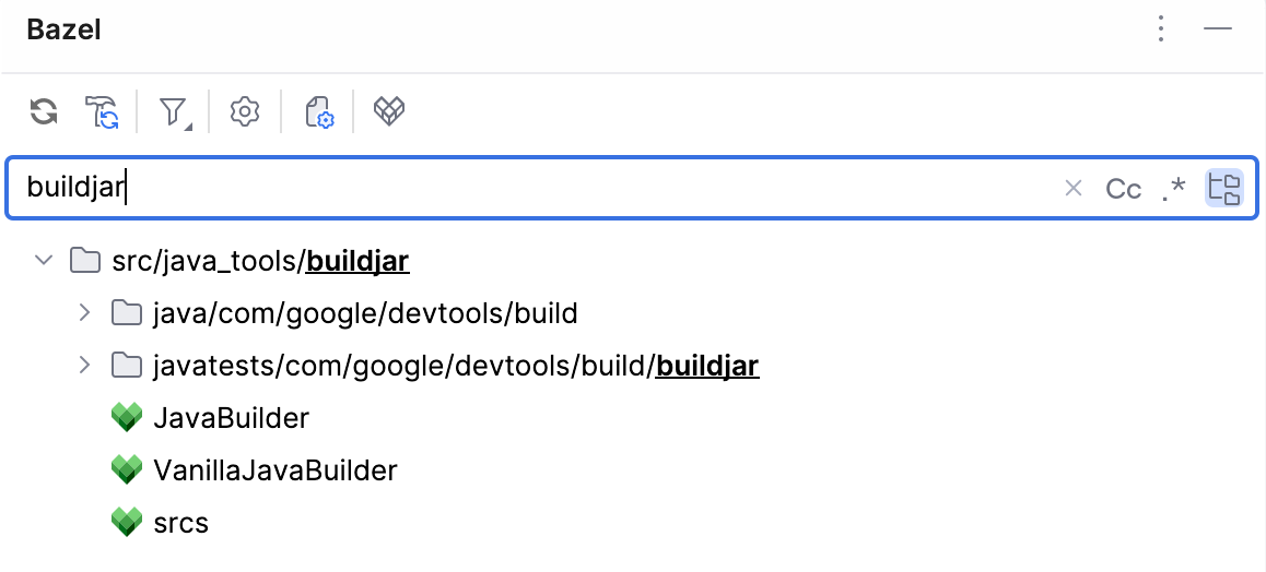 The search field in the Bazel tool window filtering the target tree