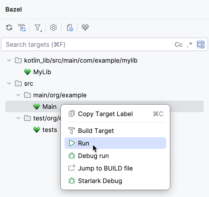 A context menu with the Run option appears on right-clicking the Main target in the Bazel tool window A context menu with the Run option appears on right-clicking the Main target in the Bazel tool window