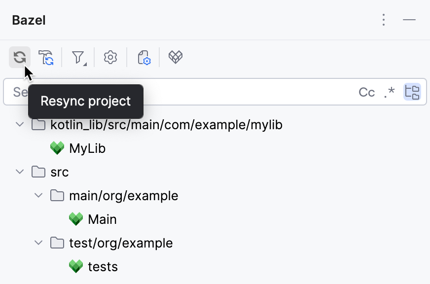 The 'Resync project' button on the Bazel tool window's toolbar The 'Resync project' button on the Bazel tool window's toolbar