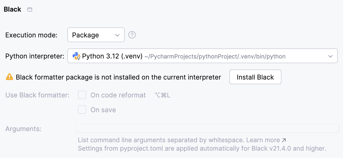 Configuring Black formatter: package mode