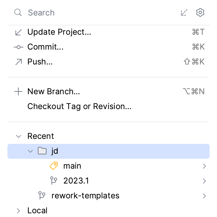 Branches grouped by prefix in the VCS widget
