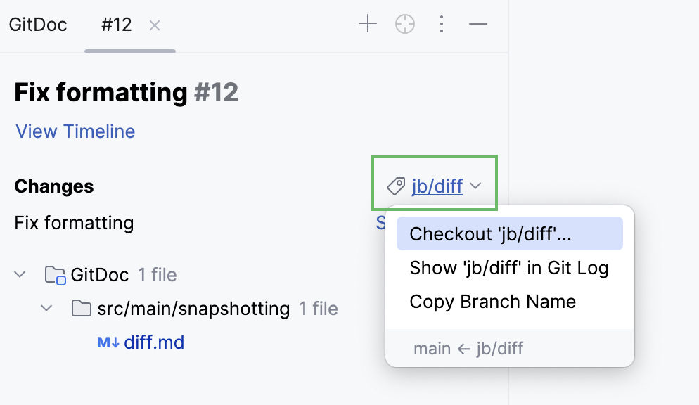 Checkout option in the pull request overview