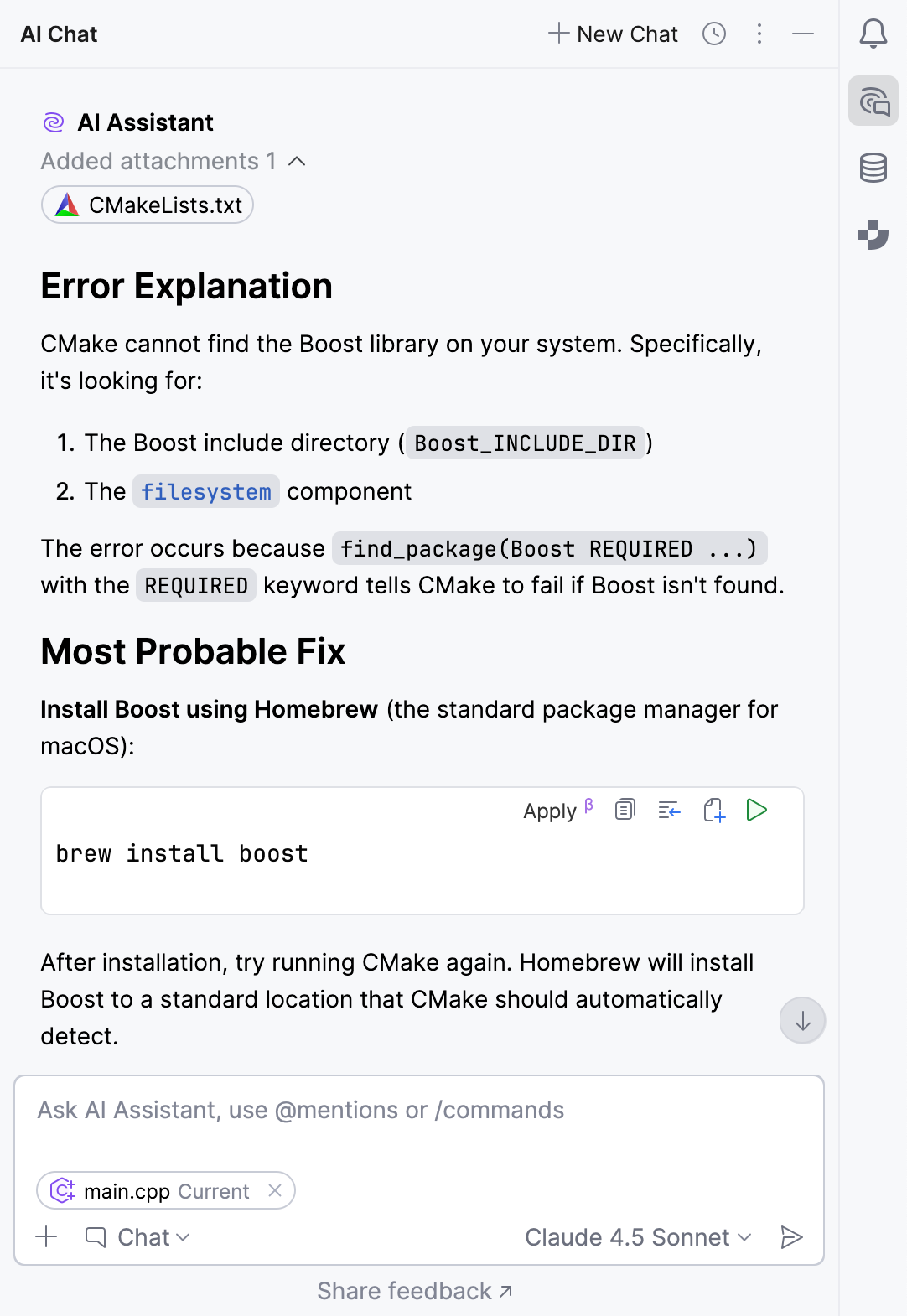 The AI&nbsp;Assistant explanation of a CMake error