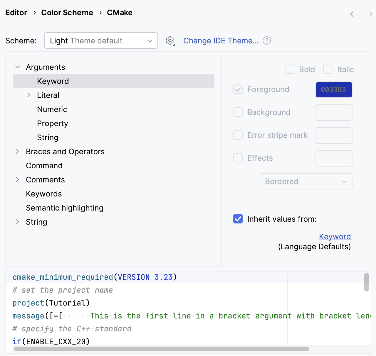 Color scheme settings for CMake