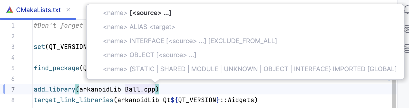 Parameter info for CMake
