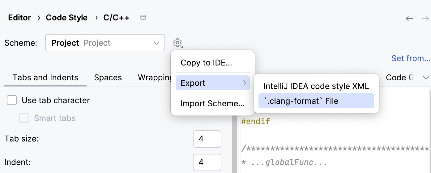 Export formatter settings into .clang-format