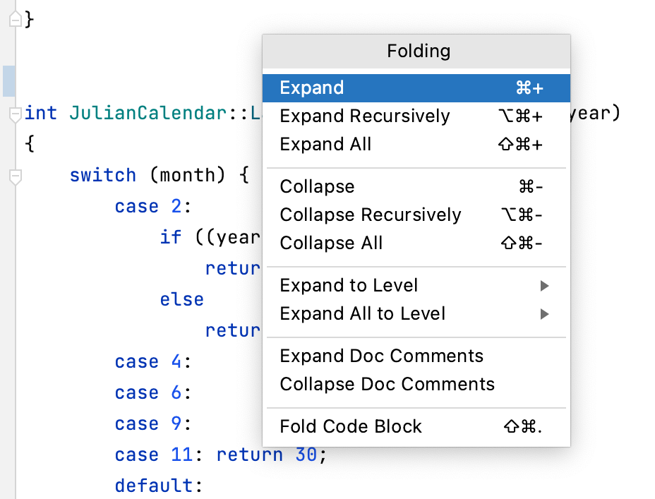 Folding actions popup Folding actions popup