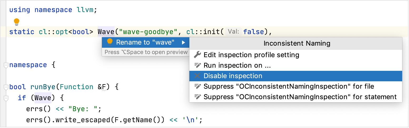 Disable an inspection in the editor Disable an inspection in the editor