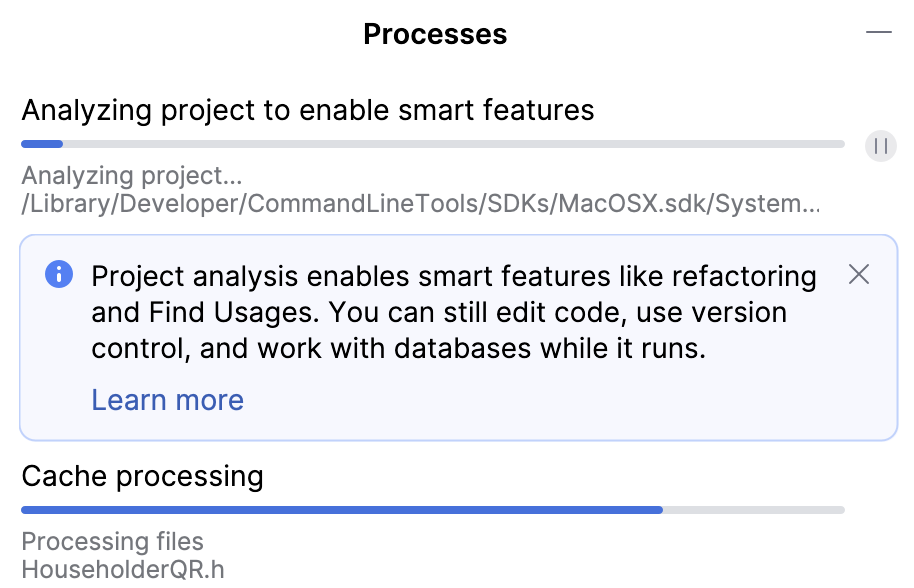 Processes dialog with project analysis tasks Processes dialog with project analysis tasks