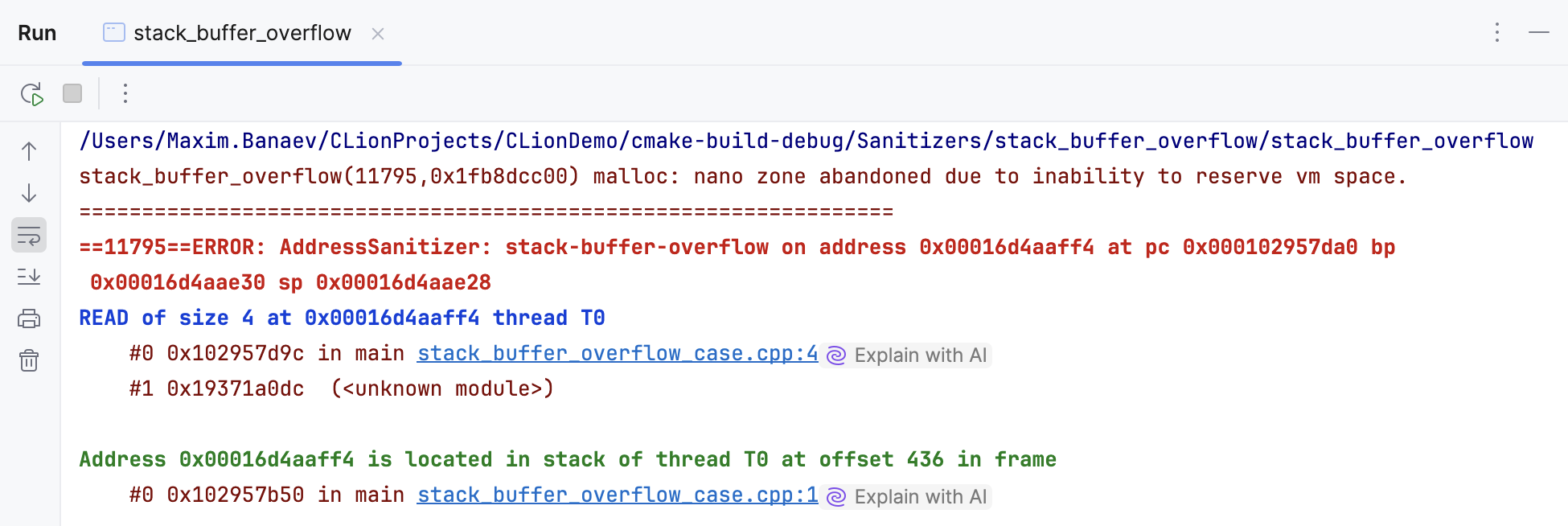 CLion Sanitizers plain output