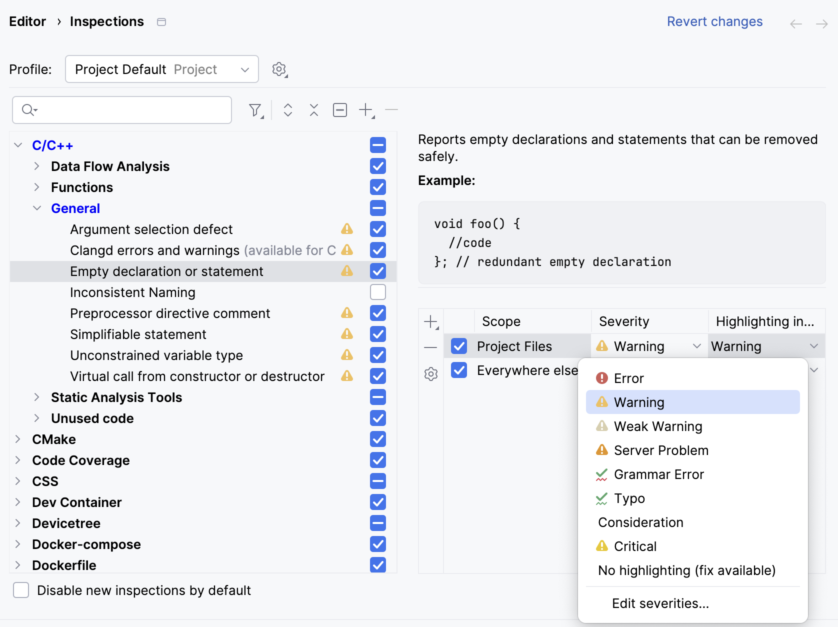 Configuring inspection severity for different scopes