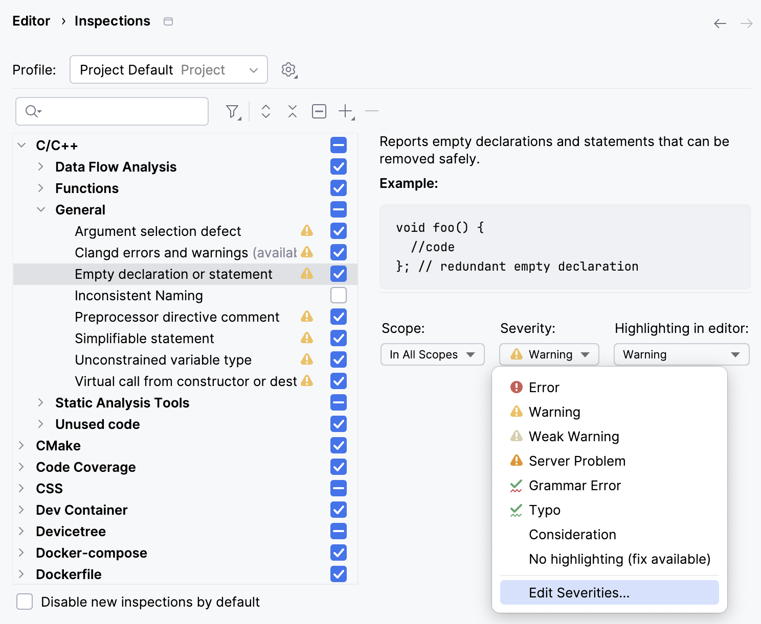 Severity selector in the inspections settings