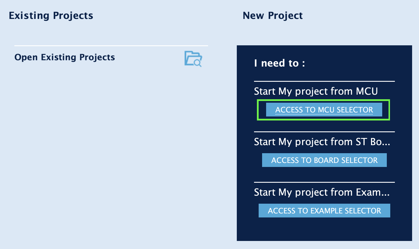 cubemx access to mcu selector