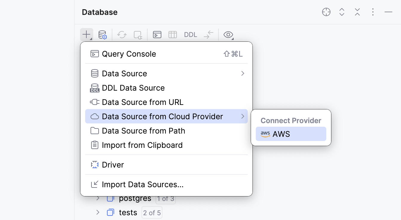 Selecting AWS from the cloud provider submenu in Database tool window