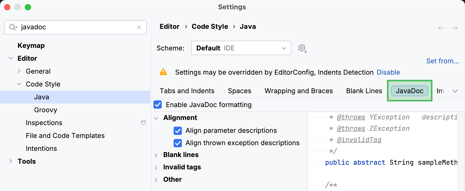 Code style settings for Javadocs