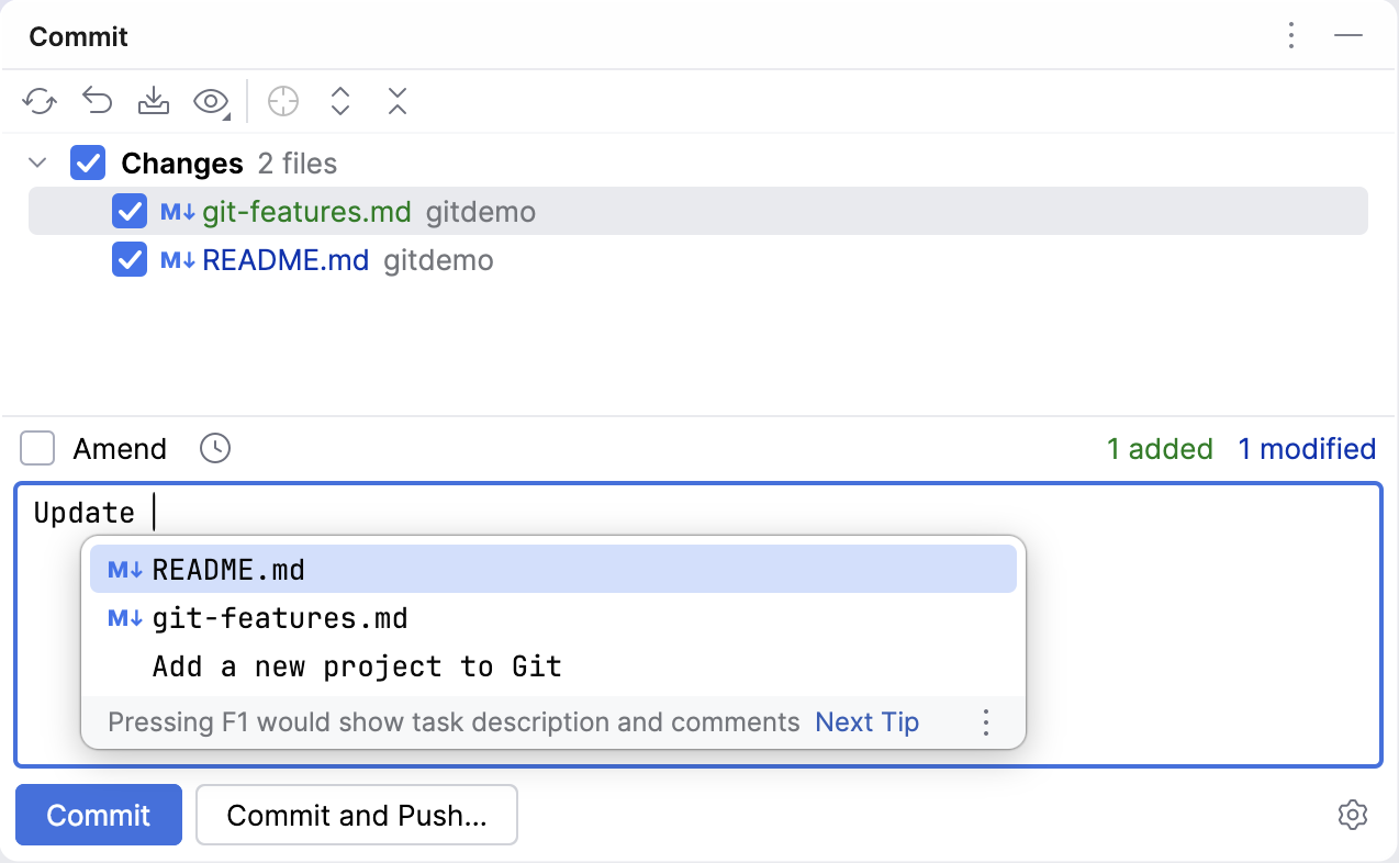 Completion in the commit message