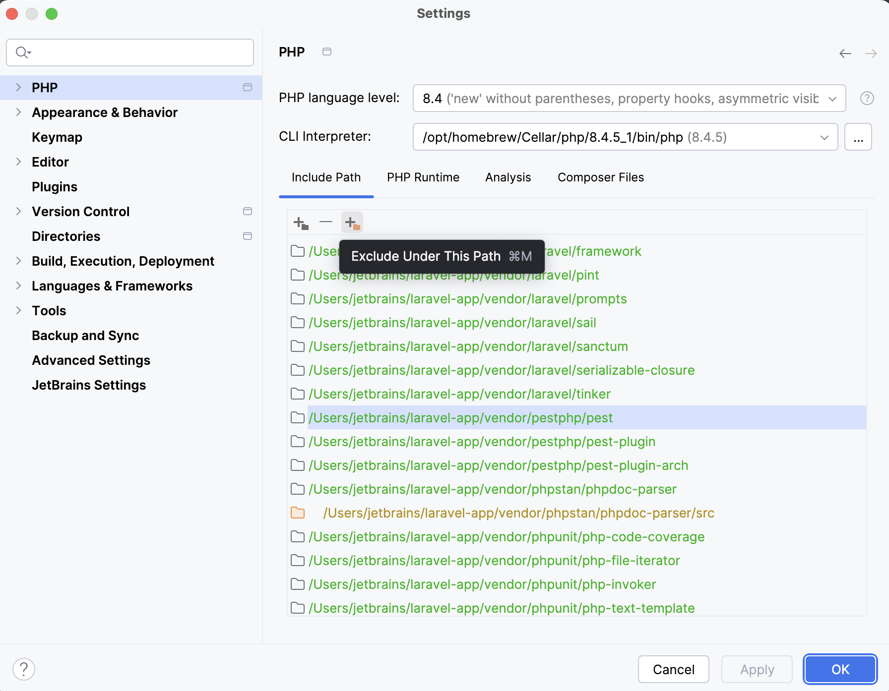 PHP exclude files from project analysis