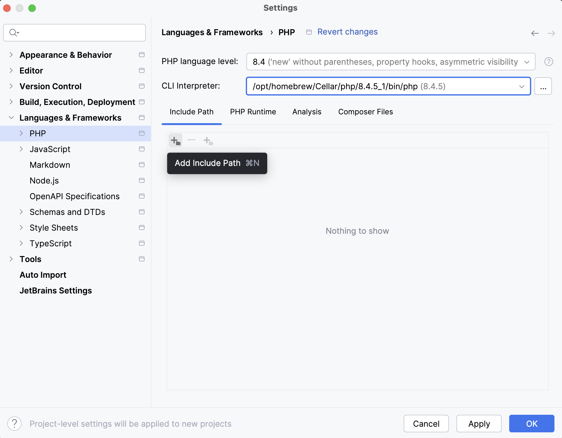 Configure include paths for new projects dialog
