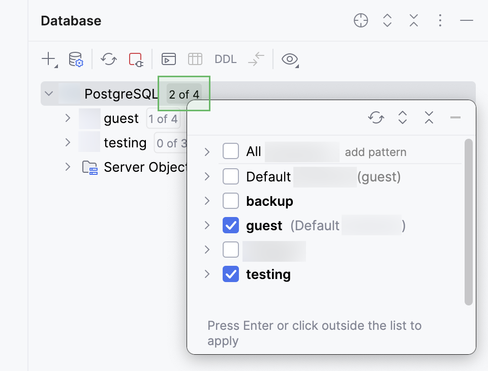 Select databases and schemas to introspect and display in the Database tool window Select databases and schemas to introspect and display in the Database tool window