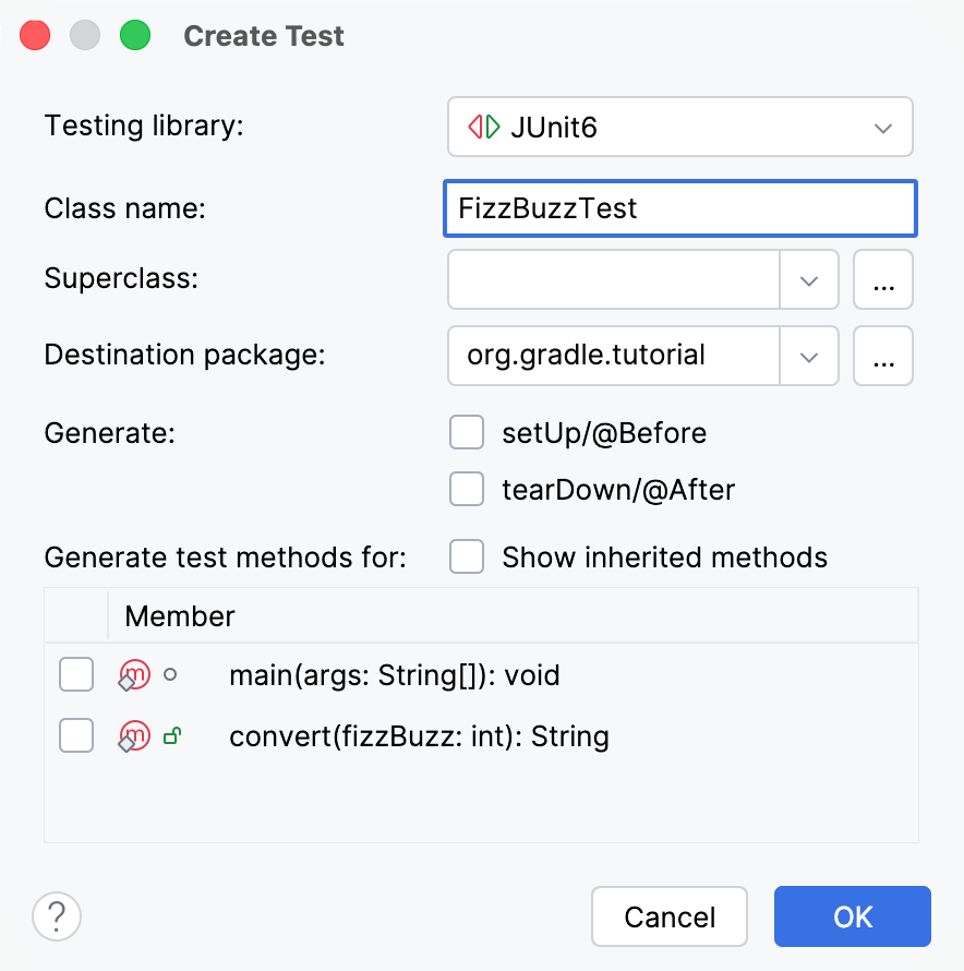 The Create Test dialog
