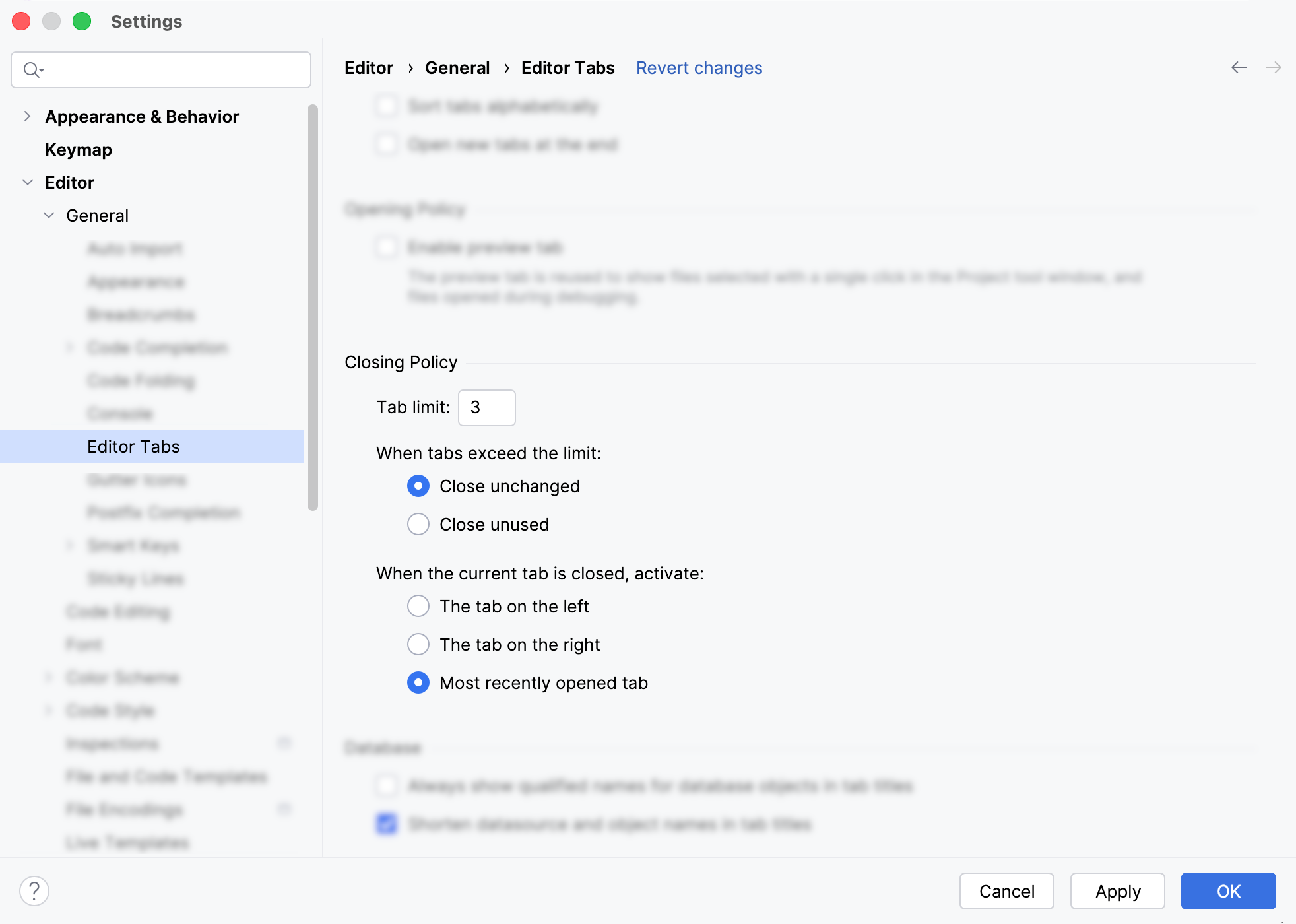 Closing Policy section for Editor Tabs settings