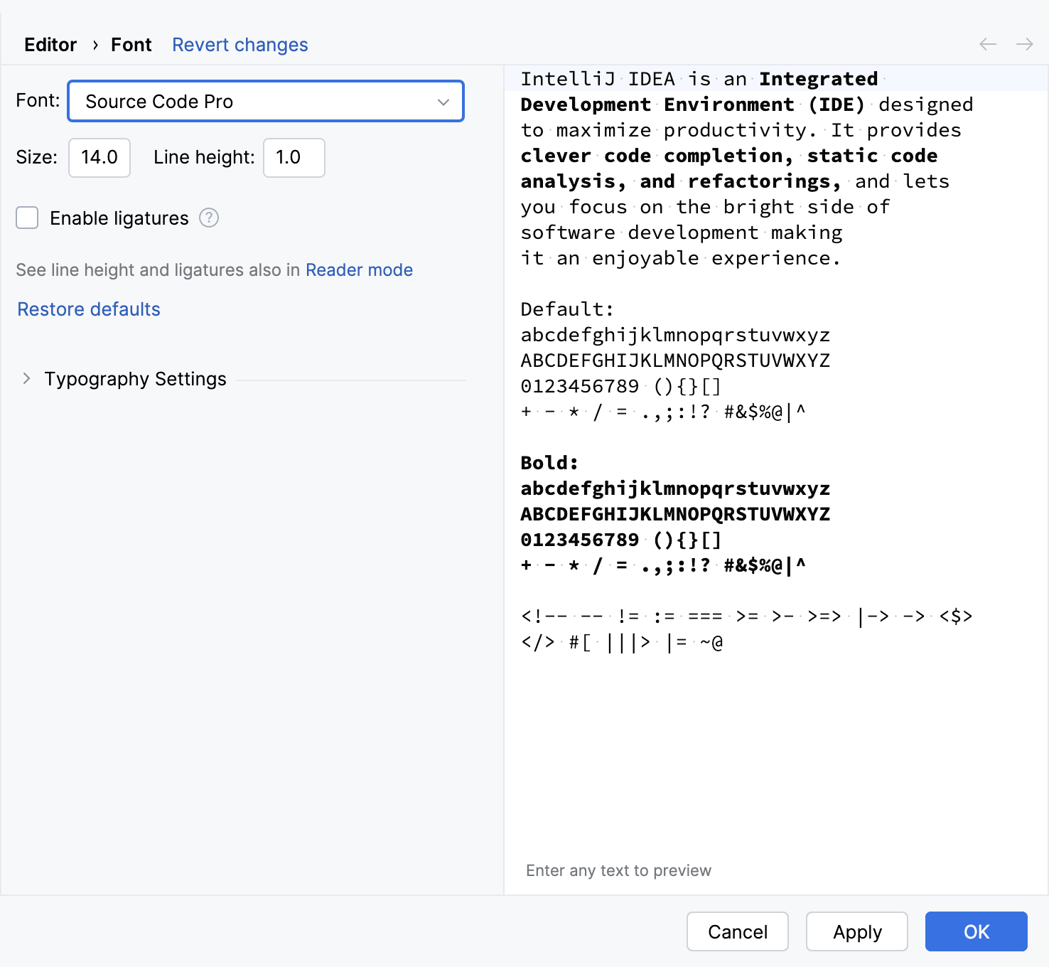 The Font settings page