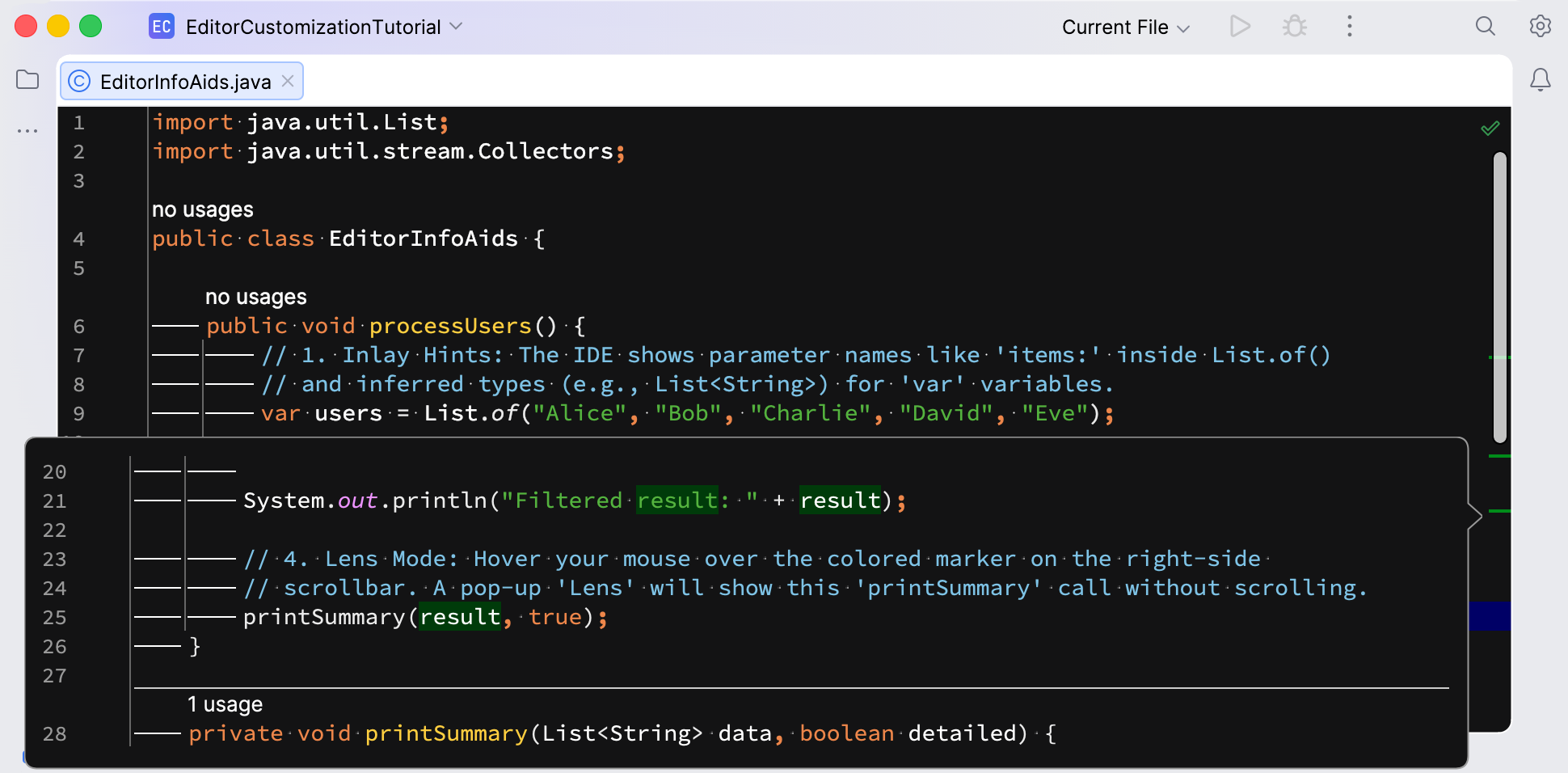 Lens mode in the editor