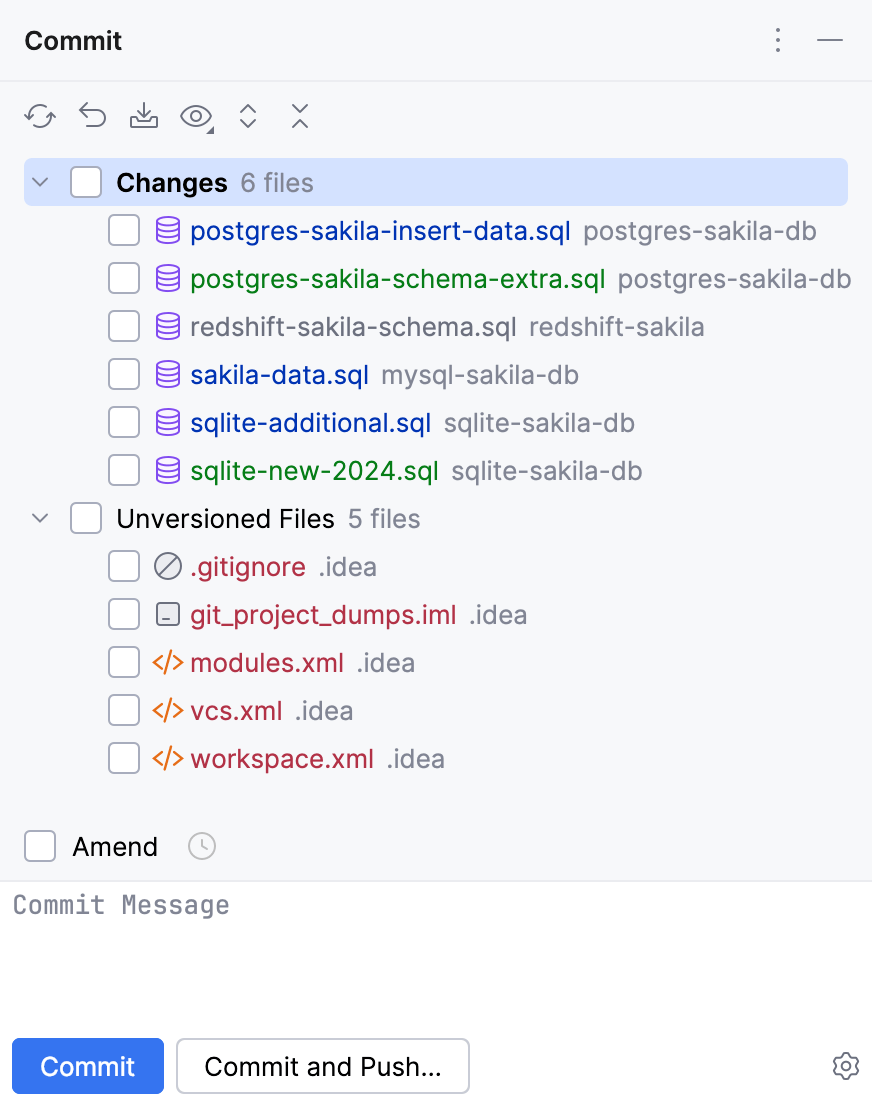 Files with various statuses in the Commit tool window Files with various statuses in the Commit tool window