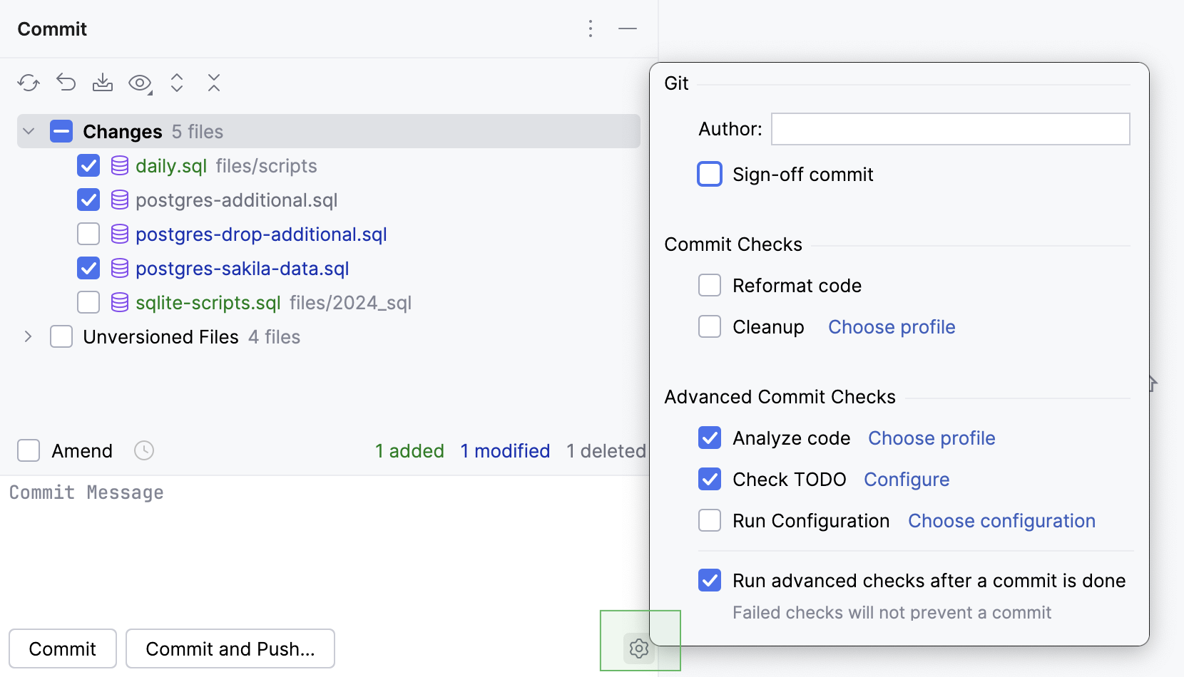 Advanced commit options popup