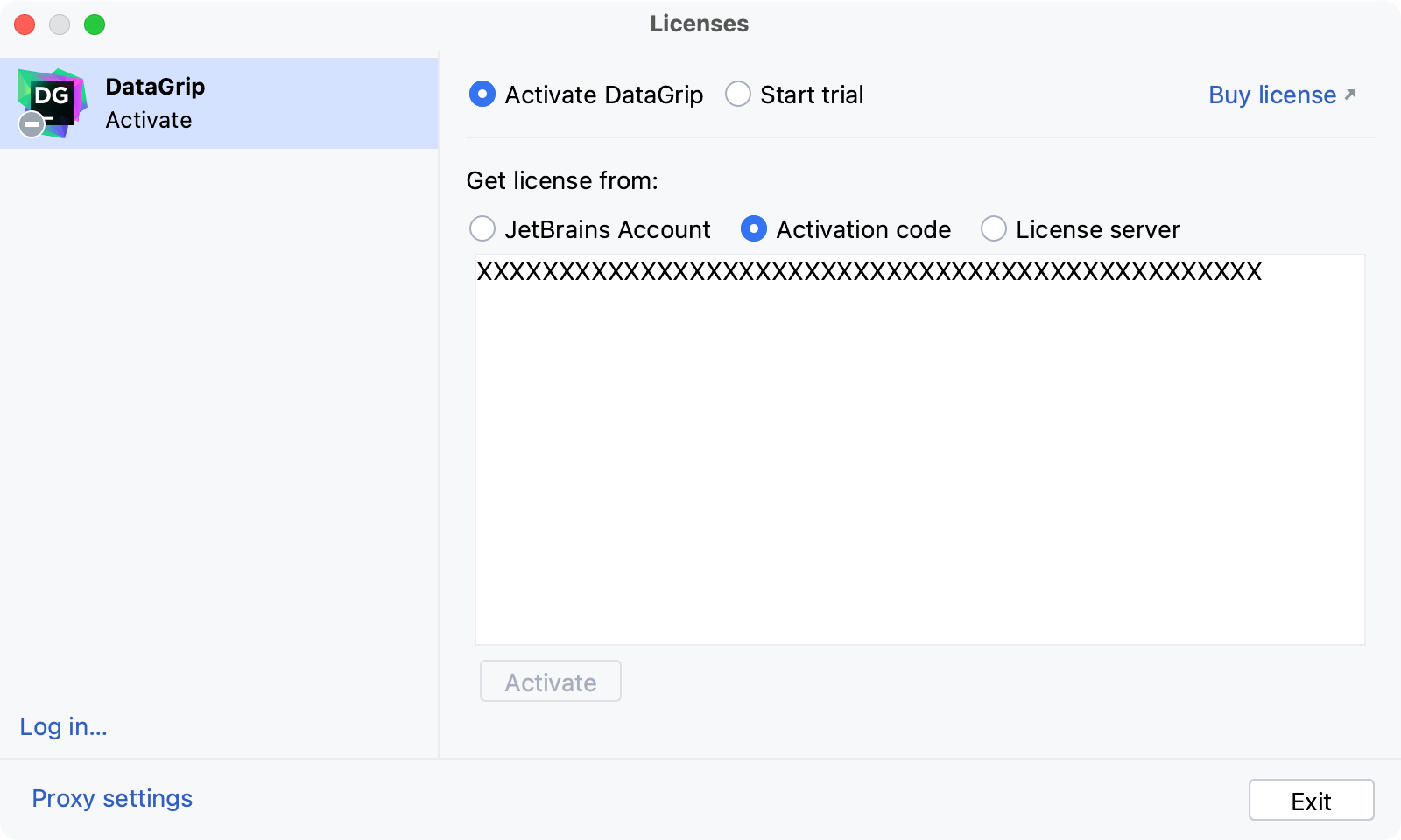 Activate DataGrip license with an activation code Activate DataGrip license with an activation code
