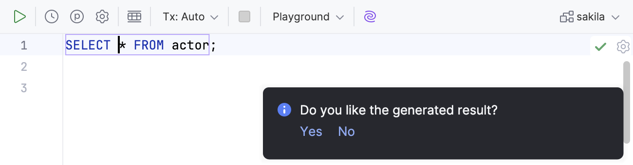 AI&nbsp;Assistant suggests a fix for the syntax errors of selected SQL code
