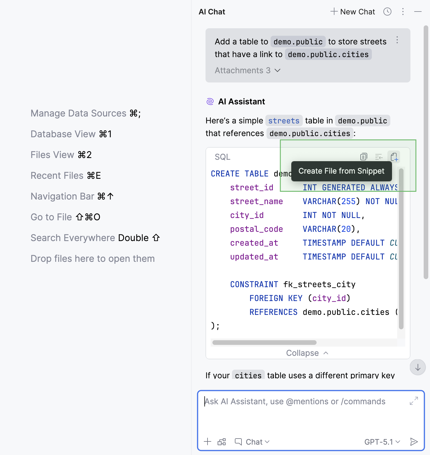 Create File from Snippet button in the AI chat Create File from Snippet button in the AI chat