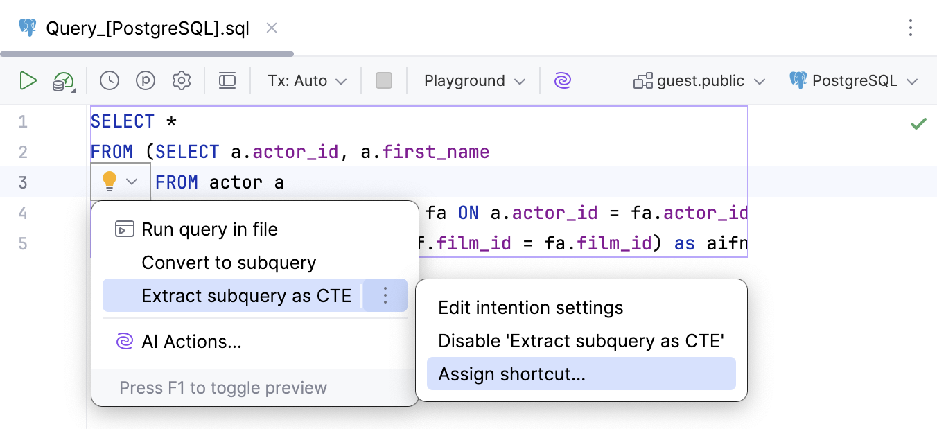 Assigning keyboard shortcut to intention action