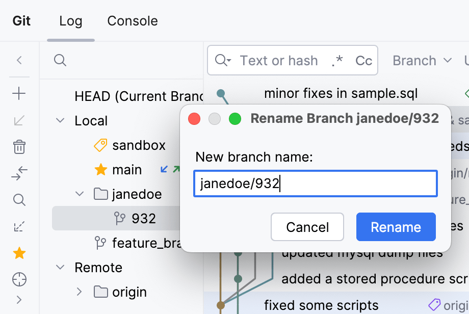 Branches grouped by prefix in the VCS widget