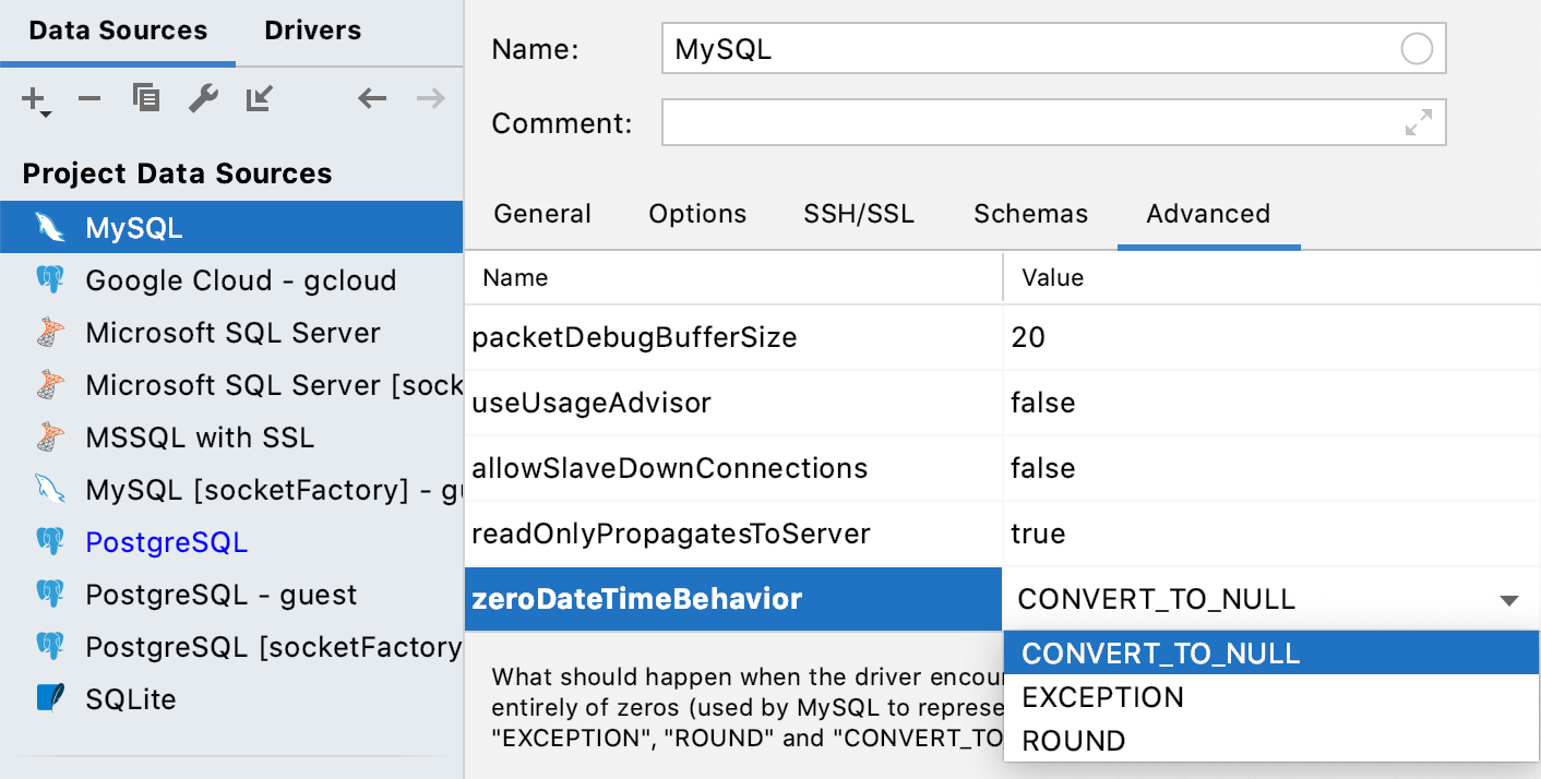 Changing the ZeroDateTimeBehavior option Changing the ZeroDateTimeBehavior option