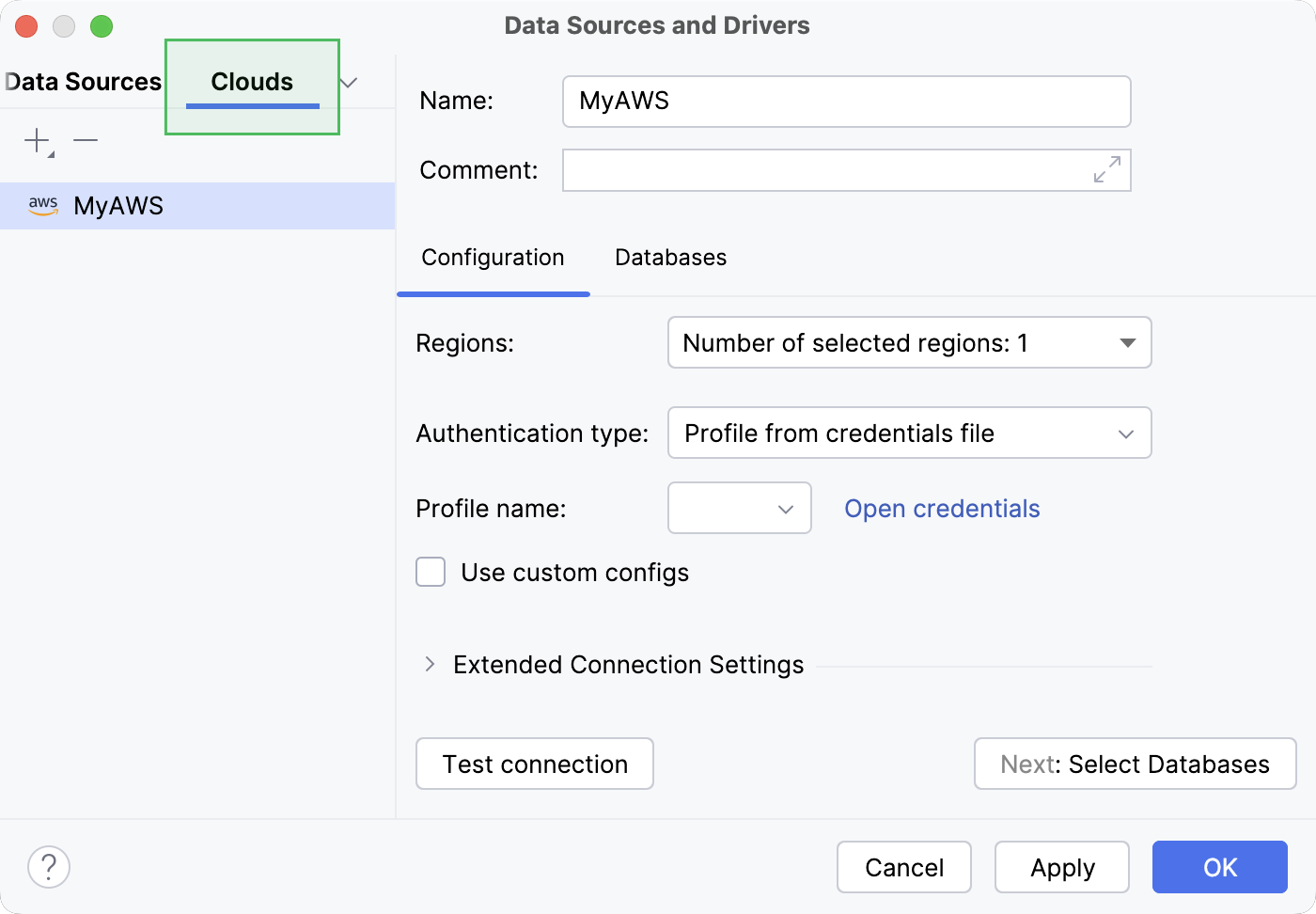 Cloud tab in the Data Source and Drivers dialog