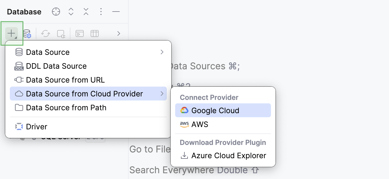 Cloud provider submenu in Database Explorer