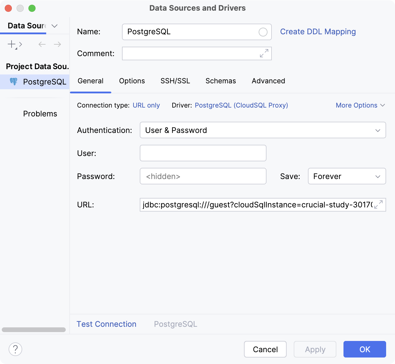 PostgreSQL data source settings