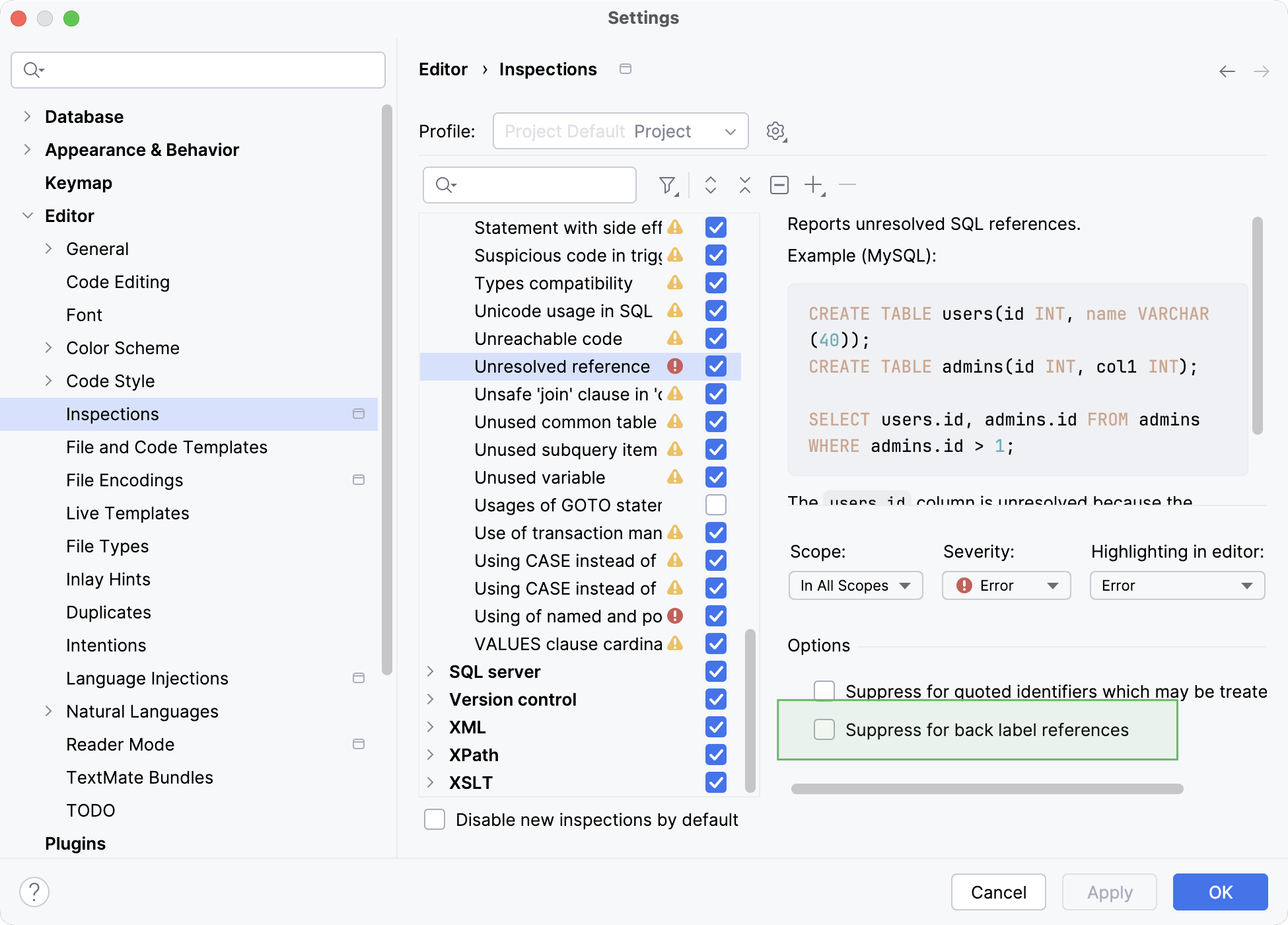 The Suppress for back label references option in the IDE Settings dialog The Suppress for back label references option in the IDE Settings dialog