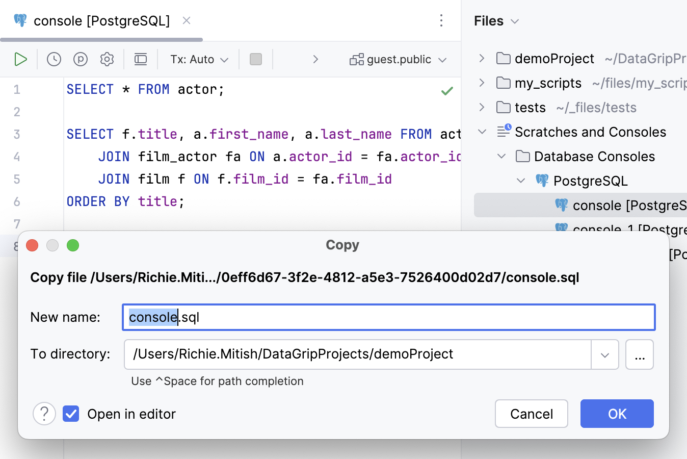 Copy a query console to another location