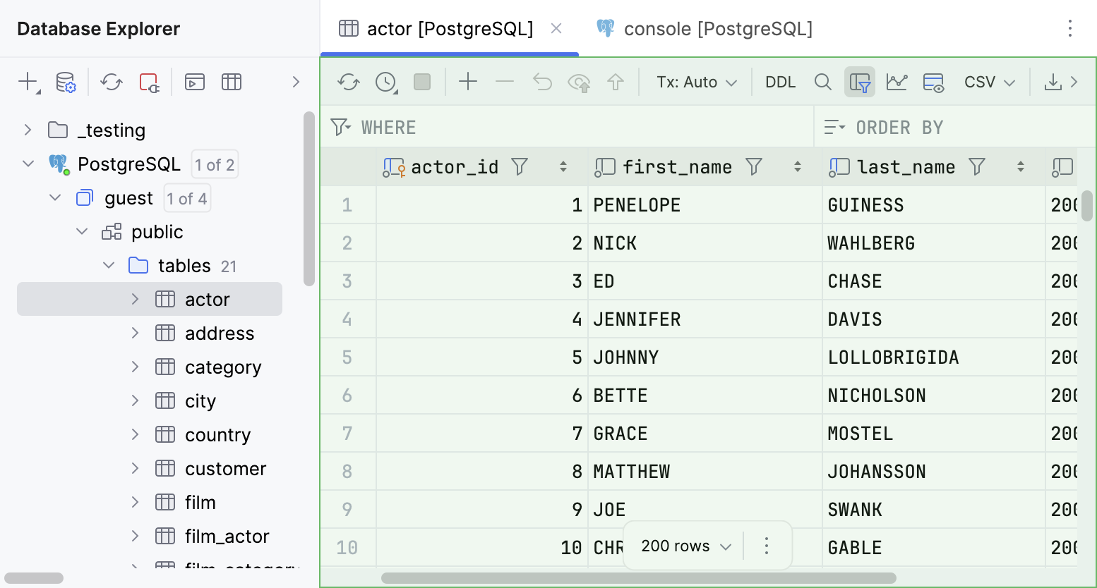 Database object data in data editor